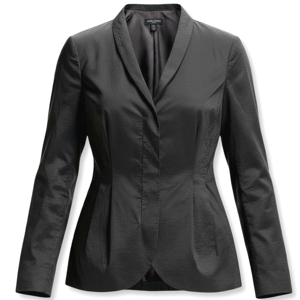 Eileen Fisher PM Black Ramie Silk Lined Peplum Blazer Italian Fabric Career